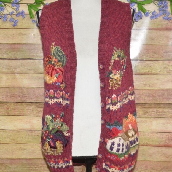 Vintage Heirloom Collectibles Size M Button Up Cardigan Vest Sweater Fall Scene - Picture 8 of 14